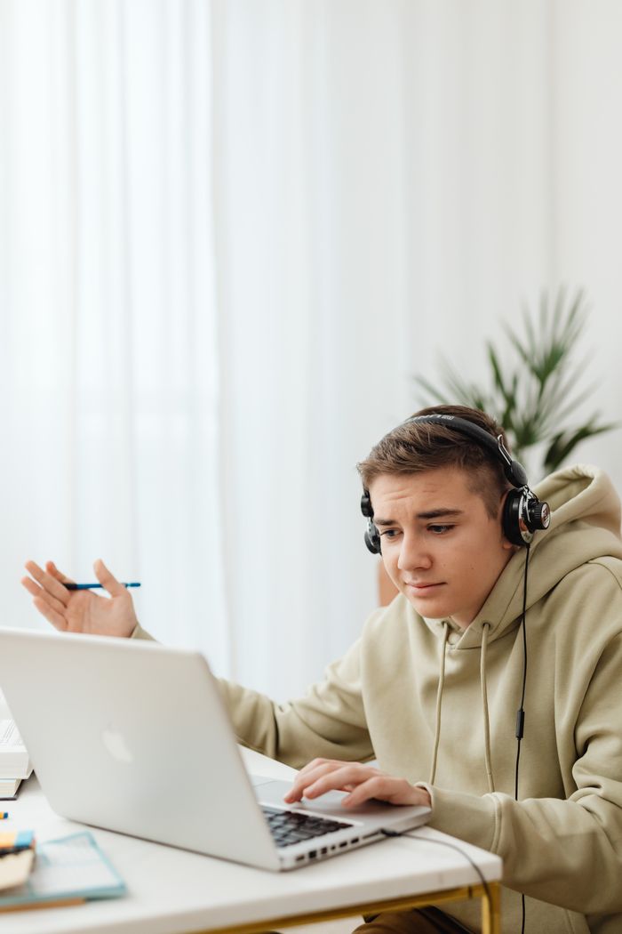 The Art of Drawing Readers In: Your attractive post title goes here Teenager in hoodie using laptop for online learning at home.
